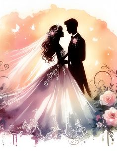 a bride and groom standing next to each other in front of a colorful background with flowers