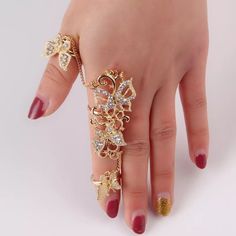 Rhinestone Flower Butterfly Full Finger Ring Adjustable Adjustable Rings For Spring Party, Spring Party Rings Adjustable, Adjustable Spring Party Rings, Gold Flower Ring For Party, Elegant Metal Flower Ring For Weddings, Gold Flower Ring For Spring Wedding, Adjustable Flower Ring For Party, Gold Flower-shaped Jeweled Jewelry, Elegant Spring Jewelry With Rhinestones