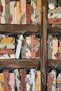 a painting of books with flowers on them