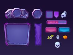 an assortment of items that are purple and blue with skulls, bones, and other objects