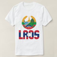 a white t - shirt with the word laos printed on it