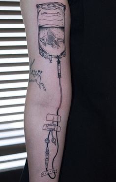 a person with a tattoo on their arm has a fish in a tank attached to it