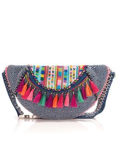 This beautiful bumbag has an exciting, colourful design – and worn round the waist, it’s ideal for festivals or holidays. With a zip-top fastening, woven base in a bright, geometric pattern and multi-coloured tassels. Diy Sac Pochette, Pochette Diy, Tassel Bag, Embroidered Bag, Cute Bags