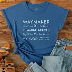 "Waymaker" "Promise Keeper" Graphic Tee. New. Sz Medium. Excellent Song On Christian Radio.... Rolled Sleeve. Religion, Religious, Christian, Church, Graphic, Music, Song, Lyrics, Worship, Faith Christian Concert, Slogan Graphic Tee, Promise Keeper, Christian Tshirt Design, Cut Off Shirt, Christian Song Lyrics, White Blouse Top, Circuit Ideas, Faith Clothing