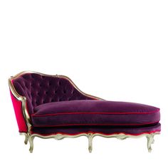 a purple and gold chaise lounge with red velvet upholstered on the back