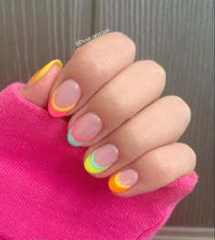 #notmypicture #preppy @charleeeverton Cute First Day Of School Nail Ideas, Multicolor French Tips, Bright Pink And Yellow Nails, Teen Nails Short, Fun Nails Short, Nails Summer Colorful, Crazy Nail Ideas, Neon French Tip Nails, Neon Summer Nails