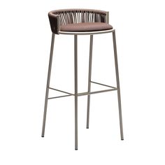 an upholstered bar stool with a wooden seat and backrest, viewed from the front