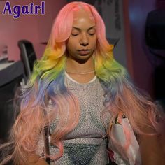 200% Ombre Pink Green Blue 613 Colored Body Wave Wigs Brazilian 13x6 Lace Front Human Hair Wigs 13x4 Ginger Body Wave, Skunk Stripe Wig, Body Wave Wigs, Skunk Stripe, Barbie Hairstyle, Glamour Hair, Lace Fronts