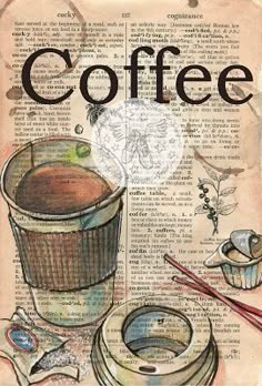 an old book with coffee and other items on it, including a cup of coffee