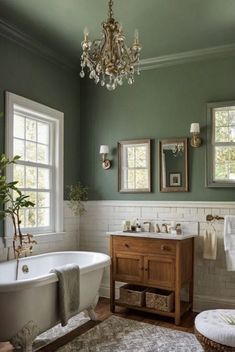 a bath room with a tub a sink and a mirror on the wall next to a window