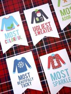 four christmas cards with ugly sweaters on them