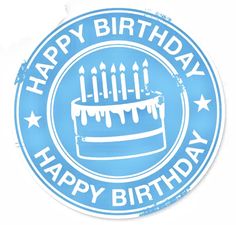 a blue happy birthday sticker with a cake on it's bottom and candles in the middle