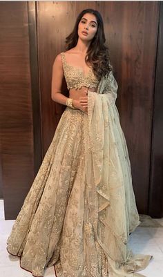 Indian Reception Outfit, Gold Lehenga, Nikkah Dress, Lehnga Dress, Pooja Hegde