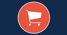 a red and white shopping cart icon on a dark blue background with an orange circle