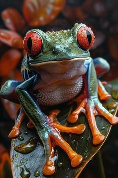 a frog with red eyes sitting on top of a leaf