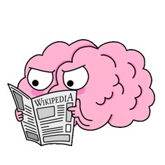 a cartoon brain reading a newspaper with the word wikipedia on it's front page