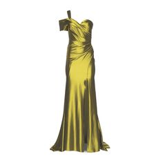 Melian Gown | NARCES | Wolf & Badger Gold One-shoulder Evening Dress For Prom, Shoulder Piece, Green Satin Dress, Golden Green, Black Tie Event, Feminine Aesthetic, Stretch Satin, Green Satin, Bridal Designs