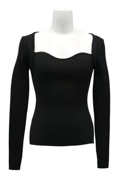 storets.com Enid Sweetheart Ribbed Top Elegant Ribbed Square Neck Top, Elegant Square Neck Ribbed Top, Elegant Winter Tops With Square Neck, Stretch Ribbed Knit Top For Party, Fitted Long Sleeve Knit Top For Evening, Fitted Ribbed Tops For Evening, Fitted Ribbed Evening Tops, Stretch Ribbed Evening Tops, Spring Black Tops With Sweetheart Neckline