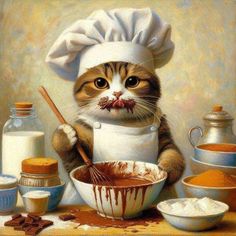 a painting of a cat wearing a chef's hat and stirring bowl with chocolate in it