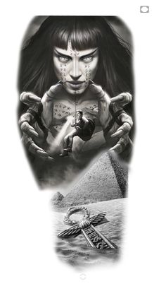 an image of a woman with tattoos on her chest and hands in front of the pyramids