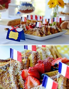 french toast with strawberries and blueberries on sticks are served at a patriotic themed party