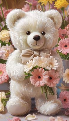 a painting of a white teddy bear holding flowers