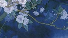 a painting of white flowers on a blue background