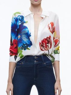 Women Floral Spring/Fall Elegant Polyester No Elasticity Regular Fit Long Sleeve Regular H-Line Blouses Shirt Collar Pattern, Floral Clothing, Silk Button Up, Feminine Blouses, Alice And Olivia, Elegant Blouses, Beautiful Blouses, Silk Shirt, Floral Shirt