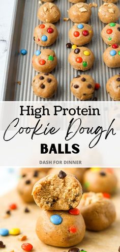 chocolate chip cookie dough balls with m & m's on top and the words, high protein coffee dough balls