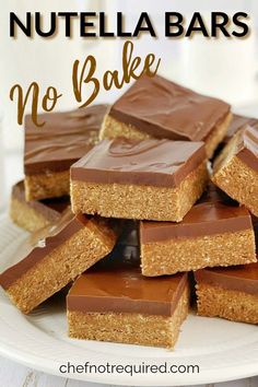 no bake nutella bars stacked on top of each other with text overlay