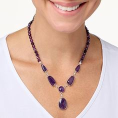 Jay King Gallery Collection Sterling Silver Amethyst Drop Necklace Stand out from the crowd in this elaborate, handcrafted sterling silver amethyst necklace from Jay's Gallery Collection. The exclusive design features dark purple African amethyst, in a design that's sure to add a touch of elegance to any ensemble!       Necklace approx. 18"L x 1/4"W with 2-3/4" extender     Drop approx. 1-13/16"L x 5/8"W     Stamped .925     Hook closure     Necklace has bezel-set, checkerboard-faceted, freeform Amethyst And Pearl Necklace, Purple Sterling Silver Necklace With Gemstone Accents, Jewelry King, Faceted Bead Necklace, Beaded Jewelry Necklaces, Necklace Stand, Beaded Jewellery, Gemstone Beaded Necklace, Amethyst Beads