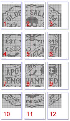 the cross stitch pattern is shown with numbers and symbols for each letter, which are numbered in