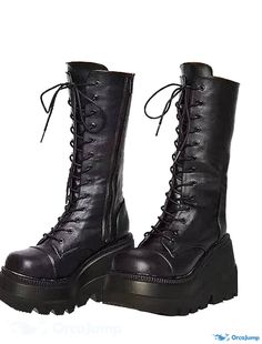 OrcaJump - Bottines Goth Bottes Cosplay Mi-Mollet à Lacets et Talon Compensé Round Toe Gothic Punk Halloween Club Boots Costume, Punk Halloween, Boots Goth, Halloween Club, Fall Heels, Goth Shoes, Goth Boots, Gothic Boots, Costume Shoes