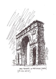 a drawing of an arch in the rain