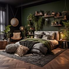 a bedroom with green walls and lots of plants on the shelves above the headboard