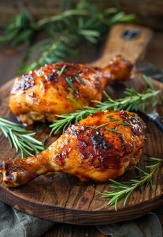 grilled chicken with herbs on a wooden board