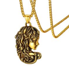 PRICES MAY VARY. Medusa Necklace: Medusa was the Gorgon of ancient Greece. Medusa necklace can incredibly boost your confidence and greatly show your personality holding its own in any situation. Sturdy Steel Chain: Made of 316L Stainless Steel/18k gold plated with 316L Stamp, lead-free and nickel-free. Perfect for sensitive skin, no more worrying about allergies. No tarnish and oxidize, long lasting. It is able to endure a lot of wear and tear. Ancient Greek Jewelry Women: Pendant size: 2.13"*1 Mythological Style Yellow Gold Jewelry Gift, Mythological Style Yellow Gold Jewelry As Gift, Gold Engraved Mythological Necklaces, Gold Mythological Engraved Necklace, Gold Engraved Mythological Necklace, Gold Symbolic Necklace For Collectors, Gold Symbolic Collectible Necklace, Ancient Greece Jewelry, Greece Jewelry