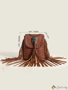 BirdinBag - Studded Tassel Flap Square Bag - Compact and Stylish Brown Rectangular Bag With Fringe, Brown Fringe Pouch Shoulder Bag, Trendy Satchel Bag With Fringe, Rectangular Brown Satchel With Tassels, Trendy Fringed Satchel Bag, Trendy Fringe Satchel Bag, Trendy Fringe Crossbody Bag, Brown Tassel Bags For Daily Use, Brown Fringe Pouch Bag