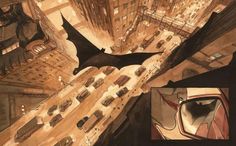 an illustration of a bat flying through the air over a cityscape with tall buildings