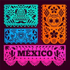 four mexican paper cut outs with the word mexico in different colors and designs on them