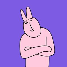 a man with his arms crossed standing in front of a purple background that has the shape of a rabbit on it's chest