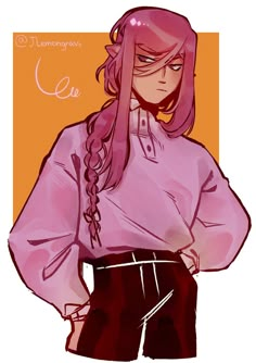 a drawing of a girl with pink hair and braids, wearing a pink shirt