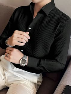 Black Casual Collar Long Sleeve Fabric Plain Shirt Embellished Slight Stretch  Men Clothing Men Black Button Up Shirt Outfit, Men In Dress Shirts, Black Shirt Outfit Men Casual, Black Shirt Outfit Men, Black Shirt Men, Billionaire Books, Mens Fashion Business Casual, Kids Activewear, Men's Activewear