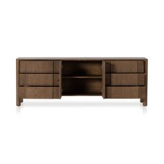 the sideboard is made from wood and has two drawers, one with doors open