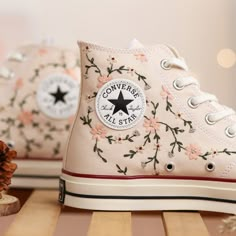 Custom Converse Embroidery, Pink Flower Embroidered Converse Custom, Floral Embroidered Shoes, Custom Wedding Converse Embroidered Flower - Etsy Cute Shoe Designs Diy, Decorating Shoes Diy, White Converse Painting Ideas, Converse Stitching, Painted Converse High Tops, Embroidered Shoes Converse, Converse Ideas, Fancy Sneakers