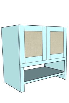 a drawing of a blue cabinet with two doors on the front and one door open