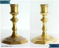 two gold candlesticks are shown before and after being painted