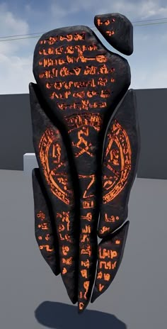 an orange and black object with writing on it's back end in front of a blue sky