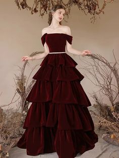 Burgundy Tiered Velvet Off-Shoulder Gown Long Elegant Prom Dresses, Prom Dress Short Lace, Layers Long, Prom Dress Burgundy, Velvet Evening Dress, Velvet Prom Dress, Prom Dresses Two Piece, Velvet Gown, Elegant Prom Dresses