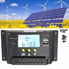 an image of solar panel with sunflowers and wind turbines in the back ground